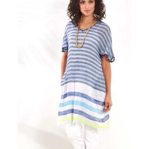 NEW! Soft Surroundings Striped Atlantis Tunic Top Fringe Detail Blue SZ M - Picture 1 of 7